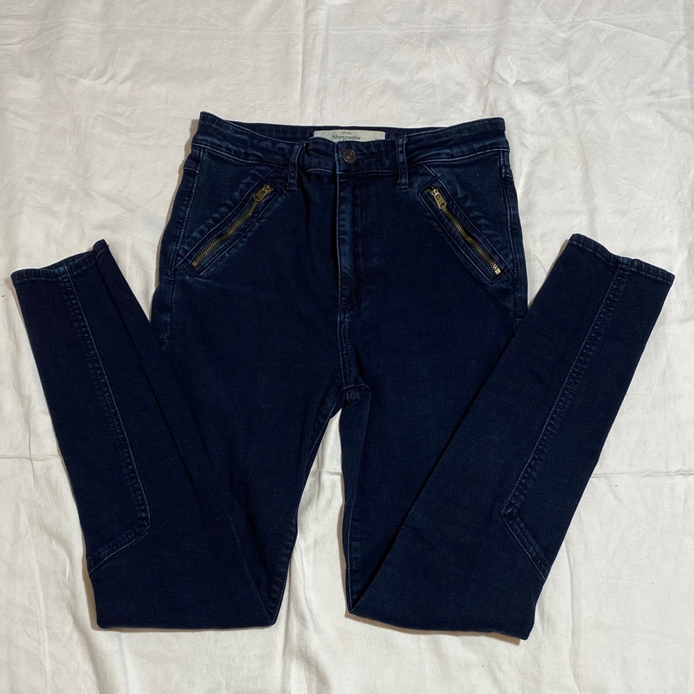 Abercrombie & Fitch Dark Blue Skinny Jeans with Faux Zipper Pockets-Women-4 (27)